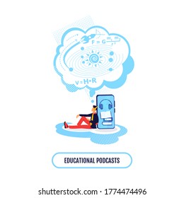 Ebook for science class flat concept vector illustration. Educational podcast phrase. Listen to physics lesson. Reader 2D cartoon character for web design. Educational audio book creative idea