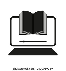 Ebook screen icon. Digital book symbol. Black laptop shape. White background design.