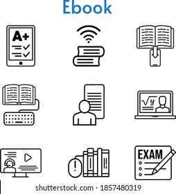 ebook set. included exam, ereader, study, professor, ebook, books, instructor icons. linear styles.