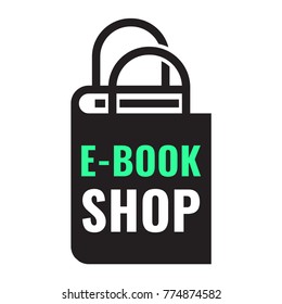 E-book shop. Vector logo design, book and shopping bag icon, illustration on white background.
