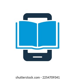 Ebook Silhouette Icon on Mobile Phone. Electronic Book Device for Education and Learning. E-book Reader, E-reader icon. Smartphone with Open Ebook pictogram. Vector Isolated Illustration.