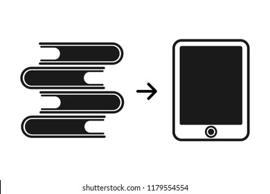 E-book and a stack of paper books. New modern technology for obtaining information and education. Illustration in a linear style.