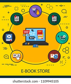 E-book store flat icons concept. Vector illustration. Element template for design.