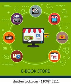 E-book store flat icons concept. Vector illustration. Element template for design.