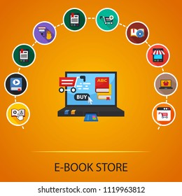 E-book store flat icons concept. Vector illustration. Element template for design.