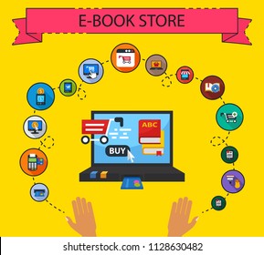 E-book store flat icons concept. Vector illustration. Element template for design.