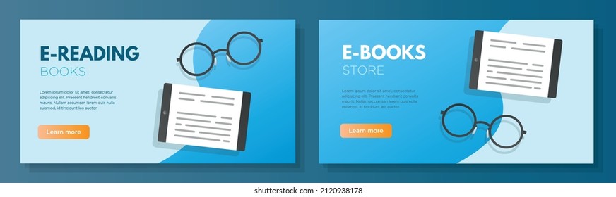 E-book store online banner template set, e-reading and learning corporate advertisement, horizontal ad, modern digital read hobby campaign webpage, flyer, creative brochure, isolated on background.