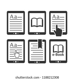 Ebook tablet e-reader device icon set. E reading, e book icons. Display with text, bookmark, open book touchpad icons.