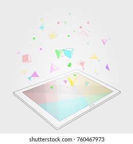 Ebook tablet PC virtual reality visual imagination mind effect. Low poly polygonal geometric shapes. Creative e-learning reading on electronic touch screen white media vector illustration