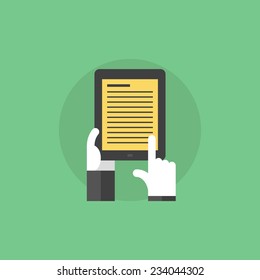 E-book with text information, hand holding electronic book with educational information. Flat icon modern design style vector illustration concept.