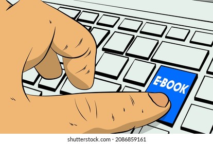 E-book text on computer keyboard. Man push keypad on laptop. Comic book style concept.