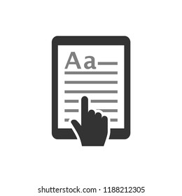 E-book touchpad tablet icon. Tablet with text and cursor hand. E book, e reading concept vector icon.