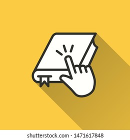 Ebook vector icon with long shadow. Simple illustration isolated on yellow background for graphic and web design.