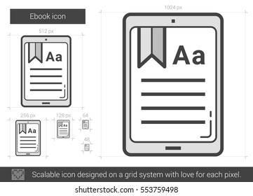 E-Book-Vektorsymbol einzeln auf weißem Hintergrund. E-Book-Line-Symbol für Infografik, Website oder App. Skalierbares Symbol, das auf einem Gittersystem entworfen wurde.