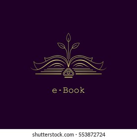E-book vector logo concept illustration. Gold sign. Stylized book and digital network tree.