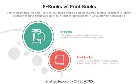 ebook vs physical book comparison concept for infographic template banner with big and small circle on left column with two point list information vector