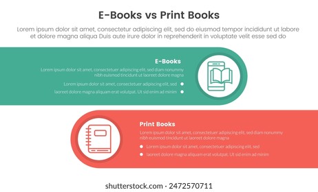 concepto de comparación de libros ebook vs físico para Anuncio de Plantilla infográfica con caja rectangular redonda Horizontal con Vector de información de lista de dos puntos