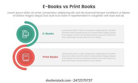 ebook vs physical book comparison concept for infographic template banner with rectangle box stack and circle wave with two point list information vector