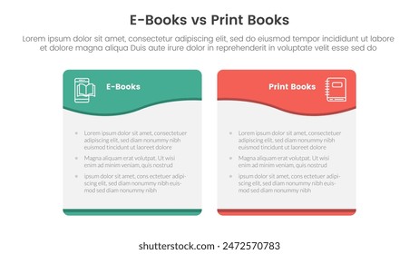 ebook vs physical book comparison concept for infographic template banner with wave swirl curve table box with two point list information vector