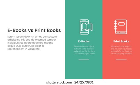 ebook vs physical book comparison concept for infographic template banner with big column banner on right layout with two point list information vector