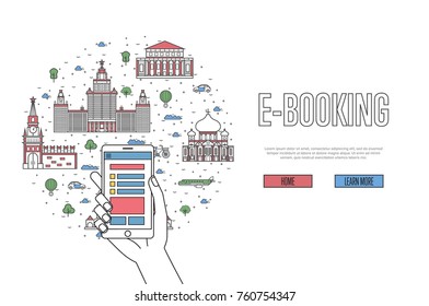 E-booking poster with moscow famous architectural landmarks in linear style. Online tickets ordering, mobile payment vector with smartphone in hand. Russia traveling, moscow historic attractions