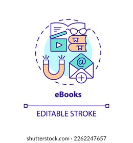 eBooks concept icon. Digital information share. Content for affiliate website abstract idea thin line illustration. Isolated outline drawing. Editable stroke. Arial, Myriad Pro-Bold fonts used