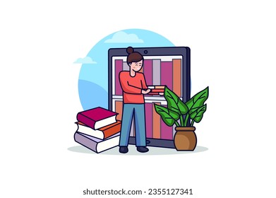 E-books concept with people scene in the flat cartoon design. The girl downloads all the books to her tablet so that she can read them at any time. Vector illustration.