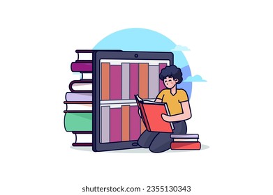 E-books concept with people scene in the flat cartoon design. The guy rereads his favorite books, because he has them all in electronic form on his tablet. Vector illustration.