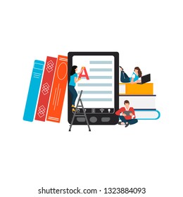 Ebooks concept. Searchable digital library, education online, e-learning, easy access knowledge. Vector illustration for website or app. 