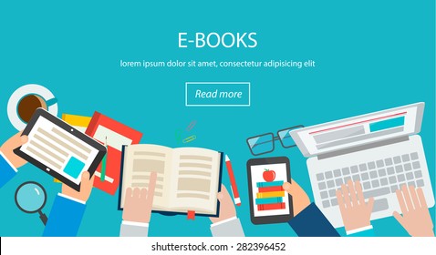 E-books concept with top view of desk with human hands holding books  and reading them on computers, tablet, smartphones, vector illustration 