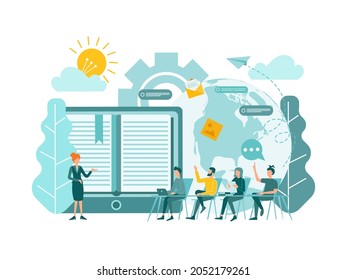 E-books, courses and trainings on the Internet Audience of students listening to an online lecture Concept vector illustration