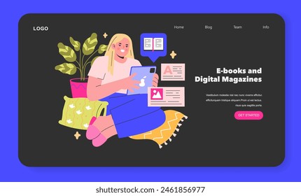 E-books and Digital Magazines concept A reader dives into the world of digital literature, surrounded by the comforts of home Embracing the future of reading Vector illustration