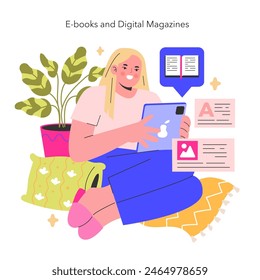 E-books and Digital Magazines concept A reader dives into the world of digital literature, surrounded by the comforts of home Embracing the future of reading Vector illustration