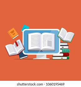 E-books, internet courses and graduation process. Online education concept. Many books and computer. Vector illustration in flat style. 