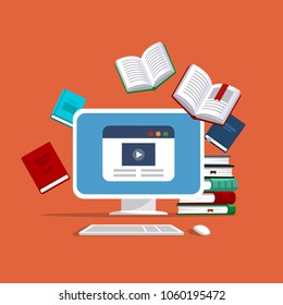 E-books, internet courses and graduation process. Online education concept. Many books and computer with website on the screen. Vector illustration in flat style. 