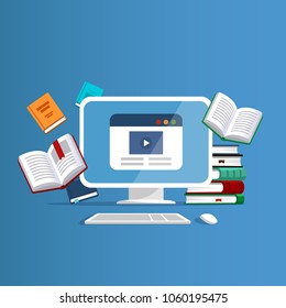 E-books, internet courses and graduation process. Online education concept. Many books and computer with website on the screen. Vector illustration in flat style. 