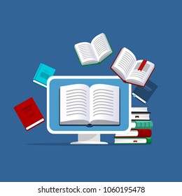 E-books, internet courses and graduation process. Online education concept. Many books and computer. Vector illustration in flat style. 