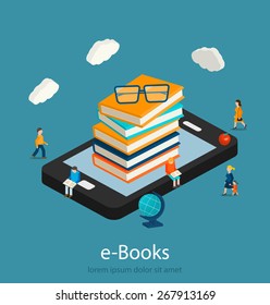 E-books isometric concept. Online mobile library in smartphone or tablet,  micro people reading books,  vector illustration