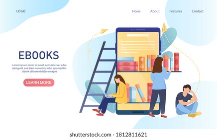 E-books landing page or web page template showing a virtual library on a mobile app and three young people reading or selecting books, colored vector illustration