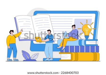 E-books library concept with people characters. Technology and literature, digital culture on media library. Outline design style minimal vector illustration for landing page, web banner, hero images.