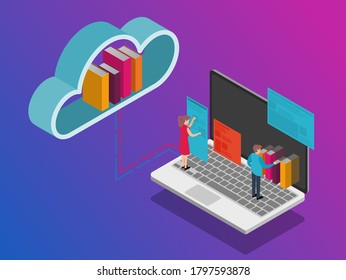 e-books in online library and cloud computing system images. Modern design concept of Online Education. 3d isometric vector illustration