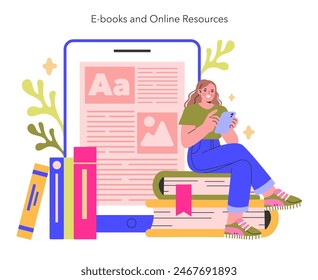 E-books and Online Resources concept A learner engrossed in digital reading material, surrounded by traditional books, blending old and new knowledge mediums Vector illustration