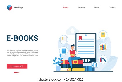 E-books vector illustration. Website interface creative flat design with cartoon man student character reading book, using bookreader or smartphone library app. Online distance education technology