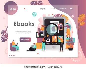 Ebooks vector website template, web page and landing page design for website and mobile site development. Electronic device for reading concept.