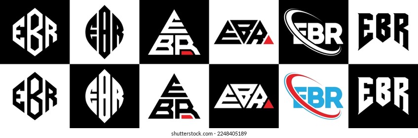 EBR letter logo design in six style. EBR polygon, circle, triangle, hexagon, flat and simple style with black and white color variation letter logo set in one artboard. EBR minimalist and classic logo
