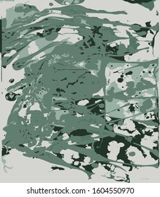 Ebru pattern from pastel green and black shapeless spots of paint. The stain is made manually by paint on water. Vector drawing.