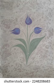 Ebru stain swirl waves pattern with tulip flower. Traditional Turkish Ebru technique pastel floral element. Painting on water transferred  hand drawn vector illustration