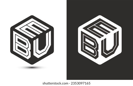 Diseño del logotipo de letras EBU con el logotipo del cubo ilustrador, logotipo vectorial estilo moderno de superposición de tipos de letra del alfabeto. Icono del logotipo de Premium Business. Color blanco sobre fondo negro