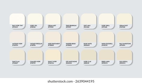 Eburnean Color Palette. Core Eburnean Shades Swatch Chart with HEX Codes and Color Names. Natural and Organic Variants cream Tone Palette. Soft Creamy Whites Variants Color Palette, light creams