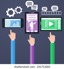 E-Business concept, computers, smartphone with graphs and business news in device in flat design style